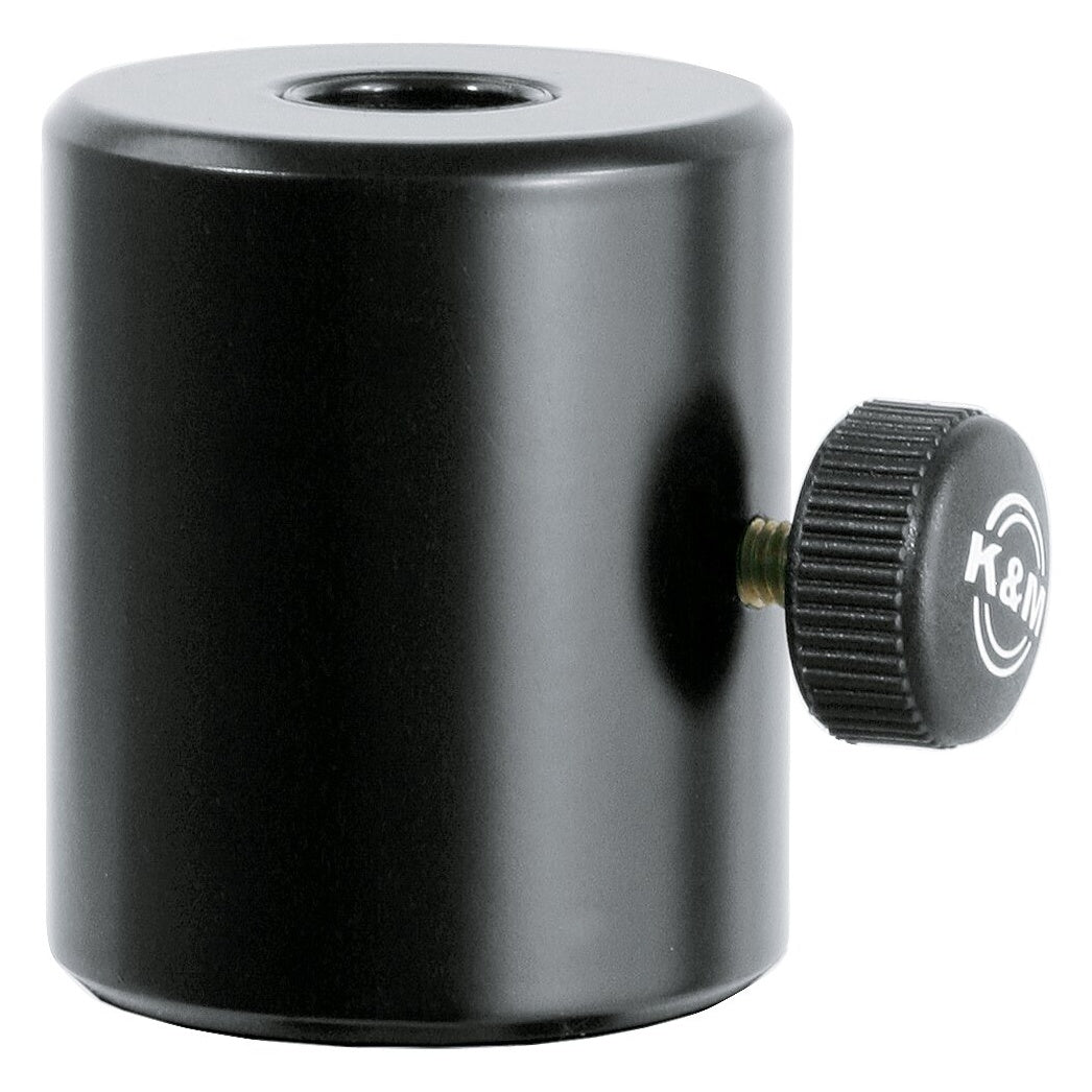 21105 boom arm counterweight side view showing black cylindrical body with threaded top opening and knurled K&M clamping knob, K&M