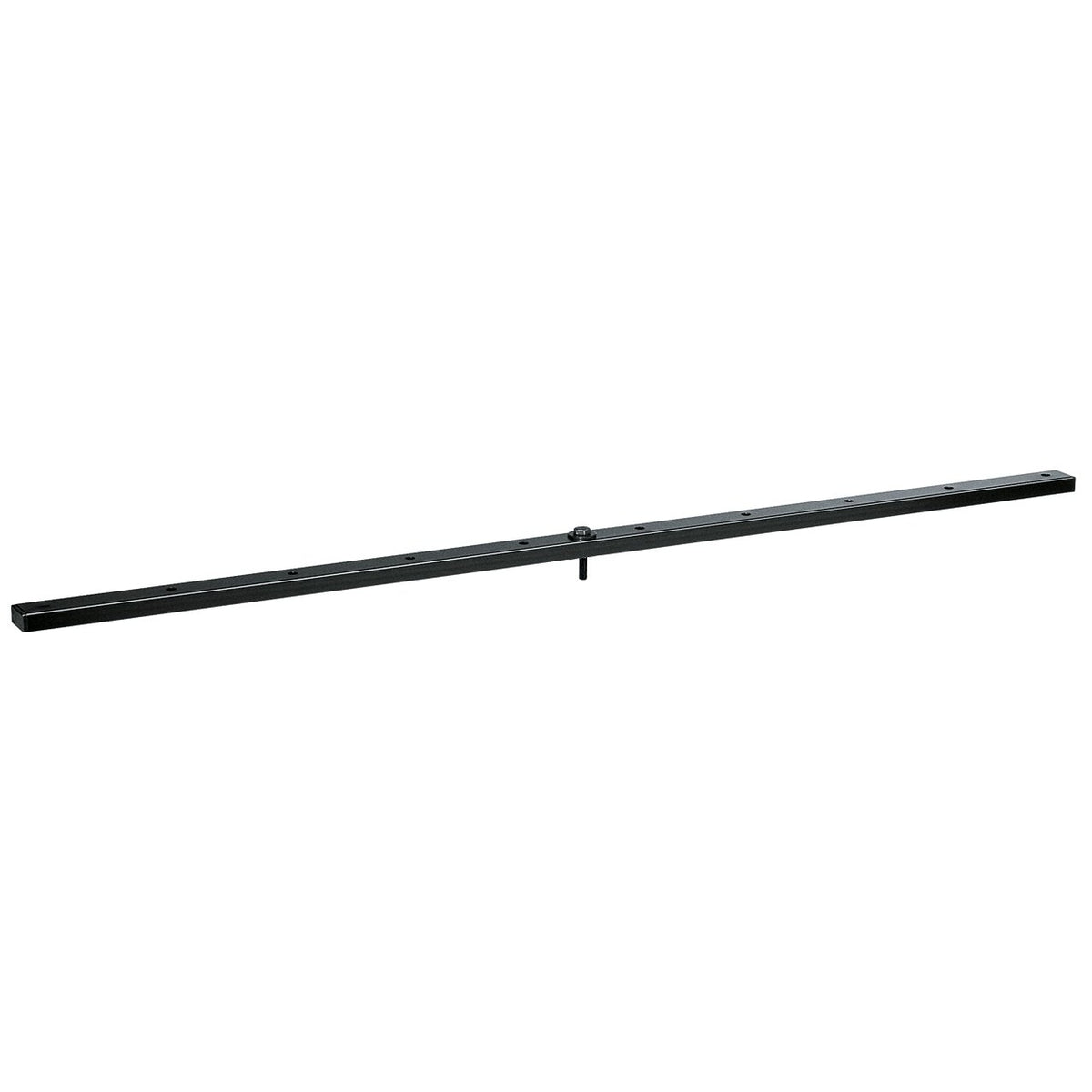 213/9 steel crossbar for light stands, full-length side view in black with evenly spaced mounting holes and a central threaded bolt for stand attachment, K&M
