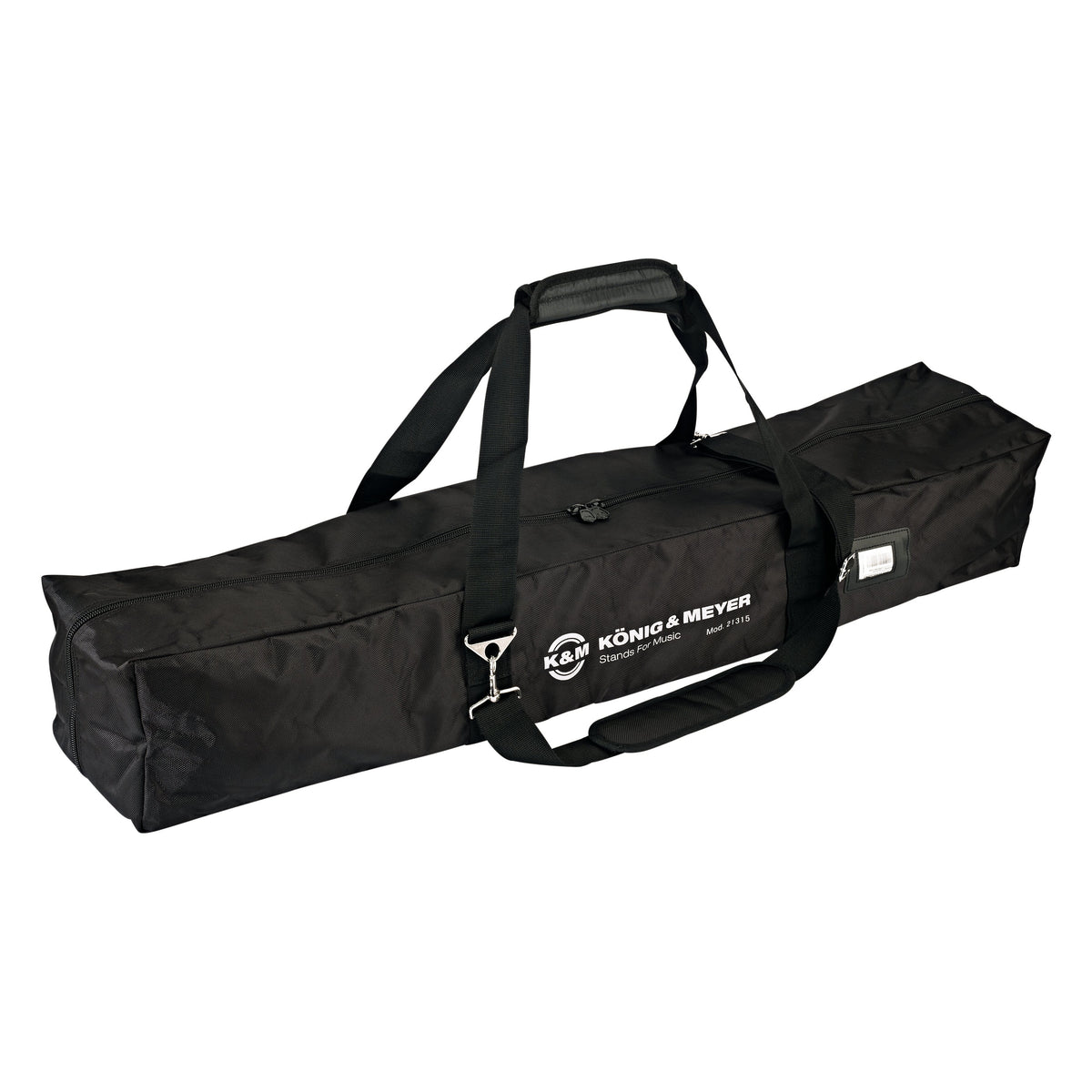 21315 carrying case for 4 microphone stands, front three-quarter view with padded carry handle, adjustable shoulder strap and white König & Meyer logo on black nylon, K&M