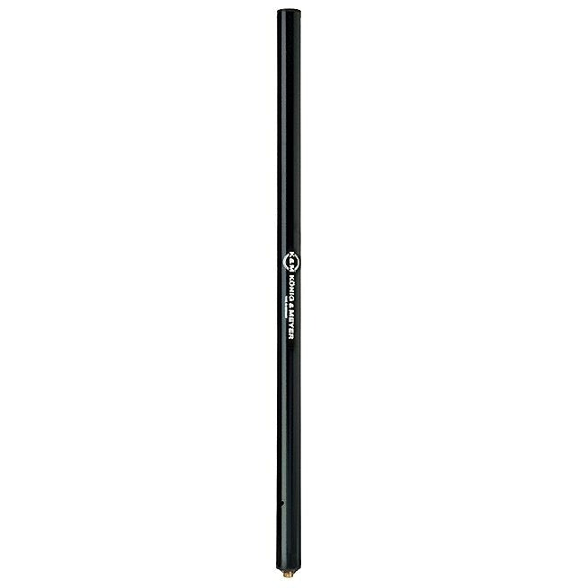 21334 distance rod full length view of black steel satellite speaker extension with König & Meyer logo and threaded fitting at the base, K&M