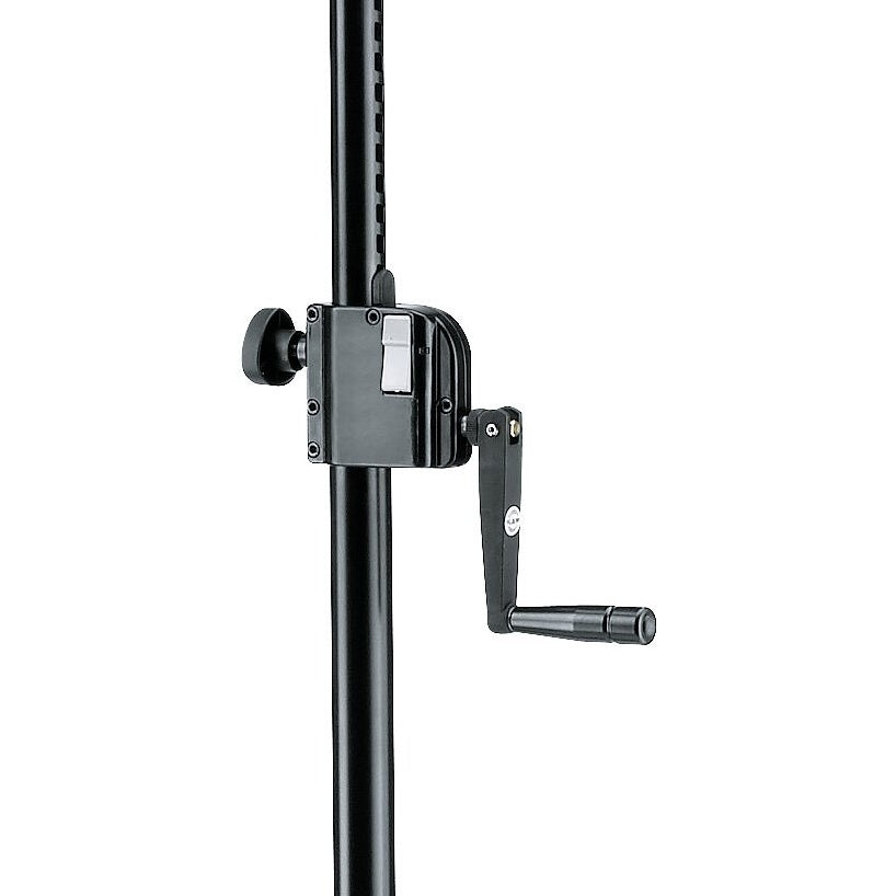 21338 speaker stand distance rod close-up detail of crank housing with release lever, clamp knob and folding hand crank handle, K&M