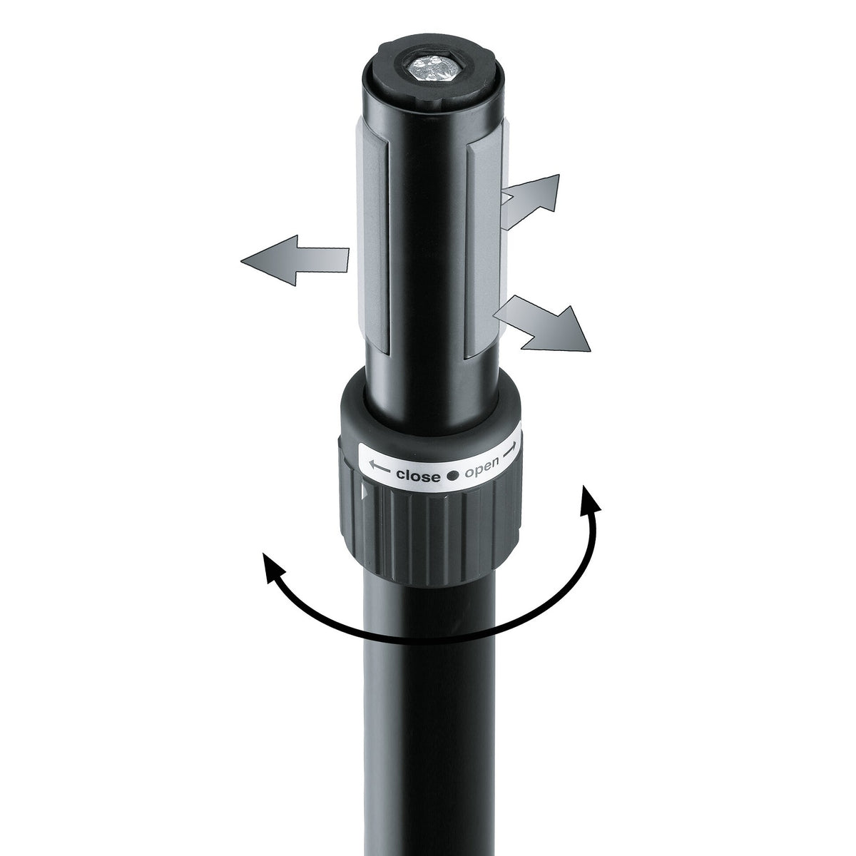 21360 distance rod ring lock detail with close/open collar, rotation arrows and expanding grey clamp pads on the end fitting, K&M