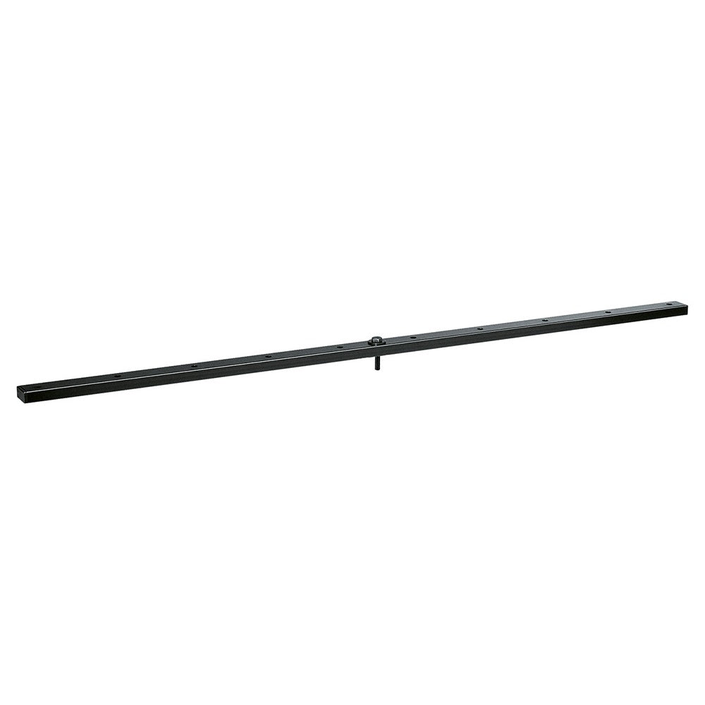 KM 21390.000.55 T-bar speaker mounting bar, full-length side view showing black steel rail with multiple pre-drilled bolt holes and center clamp knob, K&M