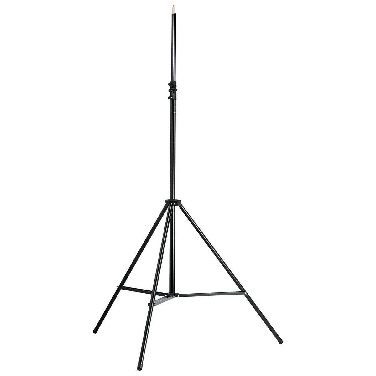 21411 overhead tripod mic stand full front view, extended with black telescoping column, clamp collar and braced tripod legs with rubber feet, K&M