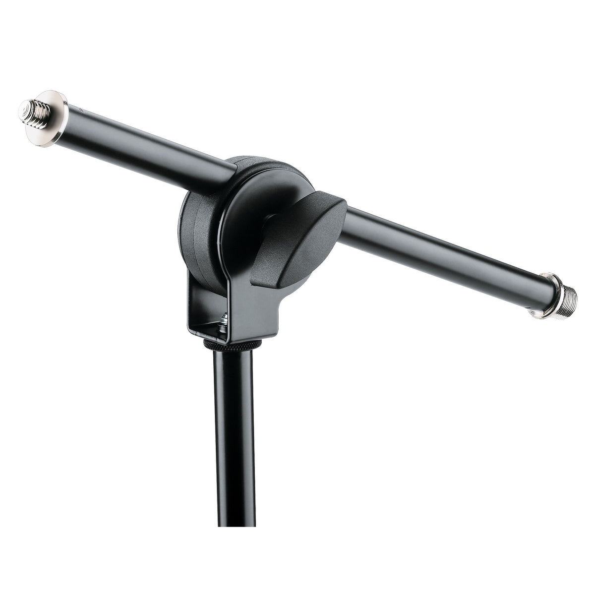 21431 mini boom arm mounted on a mic stand upright, angled view showing black wing-knob clamp, threaded stud on the short end and female thread on the long end, K&M