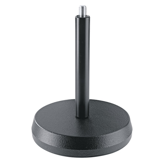 232 table microphone stand front view showing round textured cast-iron base and black tube with exposed threaded mic mount stud, K&M