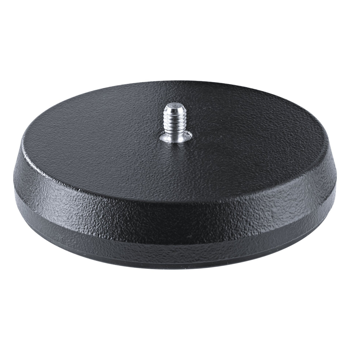 23220 low-profile table microphone stand three-quarter top view showing round black textured cast base with threaded steel mounting stud, K&M