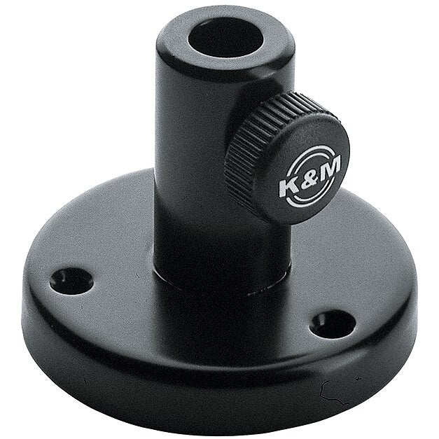 23855 steel table flange for mic arms, angled front view showing round black base with two screw holes, vertical socket and knurled K&M clamping knob, K&M