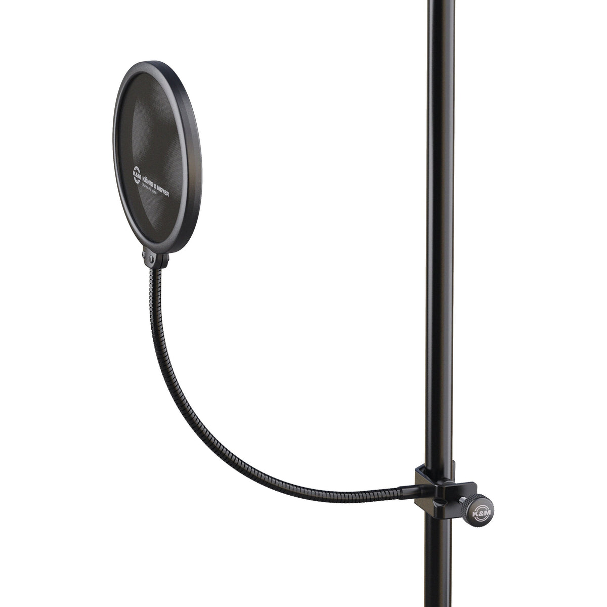 Popkiller 130 mm pop filter side angle view showing curved gooseneck and clamp with K&M thumbscrew attached to a stand pole, K&M