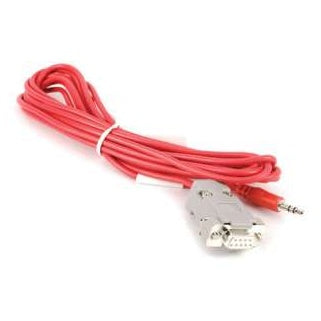 21710-1 AMX Crestron serial interface cable coiled overview with red jacket, DB9 connector and 3.5mm TRS plug, Lectrosonics