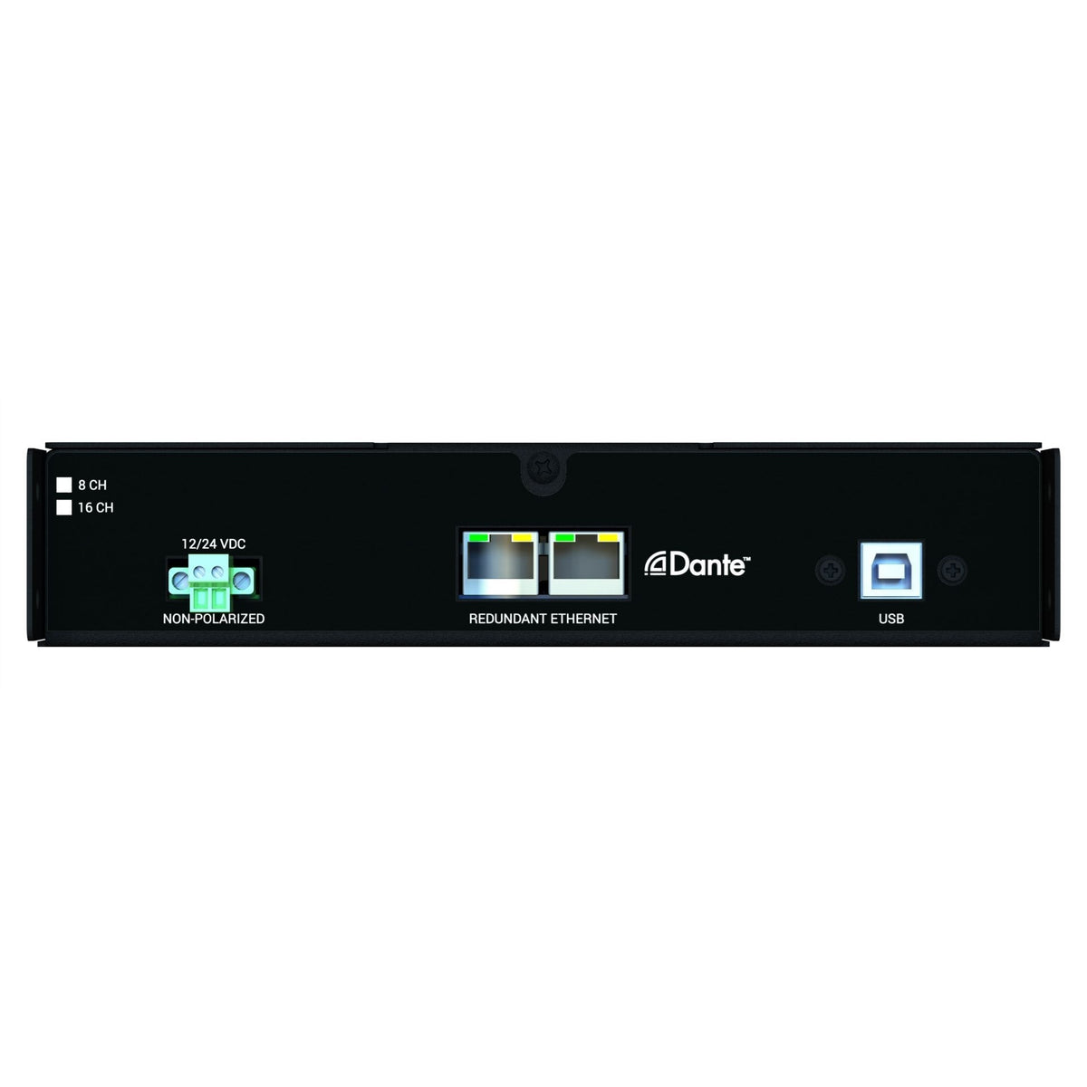 IPUSBD-8 front panel with 12/24 VDC Phoenix connector, redundant Dante Ethernet ports and USB Type-B jack, AtlasIED
