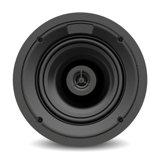 AtlasIED ICM612 ceiling speaker front view showing black baffle, cone, and mounting screw points
