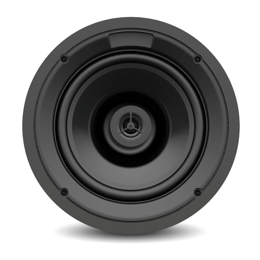 AtlasIED ICM812 in-ceiling speaker front view of 8" black cone driver and mounting baffle, grille removed