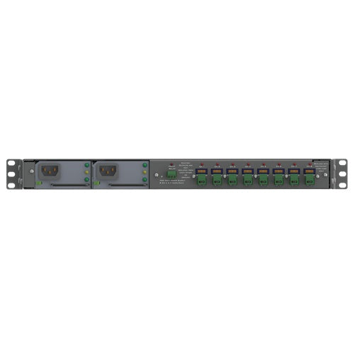 AtlasIED IED1112PS rear panel showing dual IEC power inlet modules and green terminal block outputs