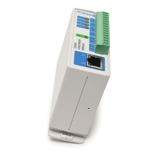 AtlasIED IED1522LR angled view showing enclosure depth, side profile, and pluggable green screw terminal strip