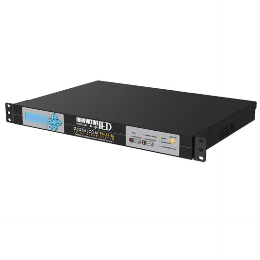 AtlasIED IED5400ACS angled view showing 1U rack ears, vented side and GLOBALCOM voice alarm front panel