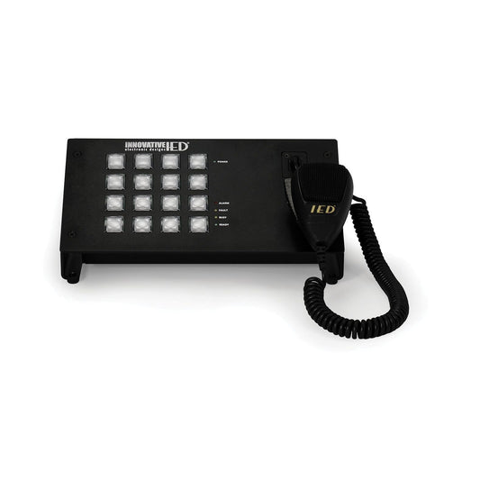AtlasIED IED5416CS-G paging station front view with coiled handheld push-to-talk microphone