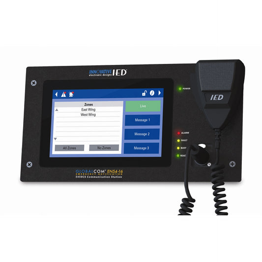 AtlasIED 5450CS communication station front panel with zone touch screen, status LEDs and handheld mic