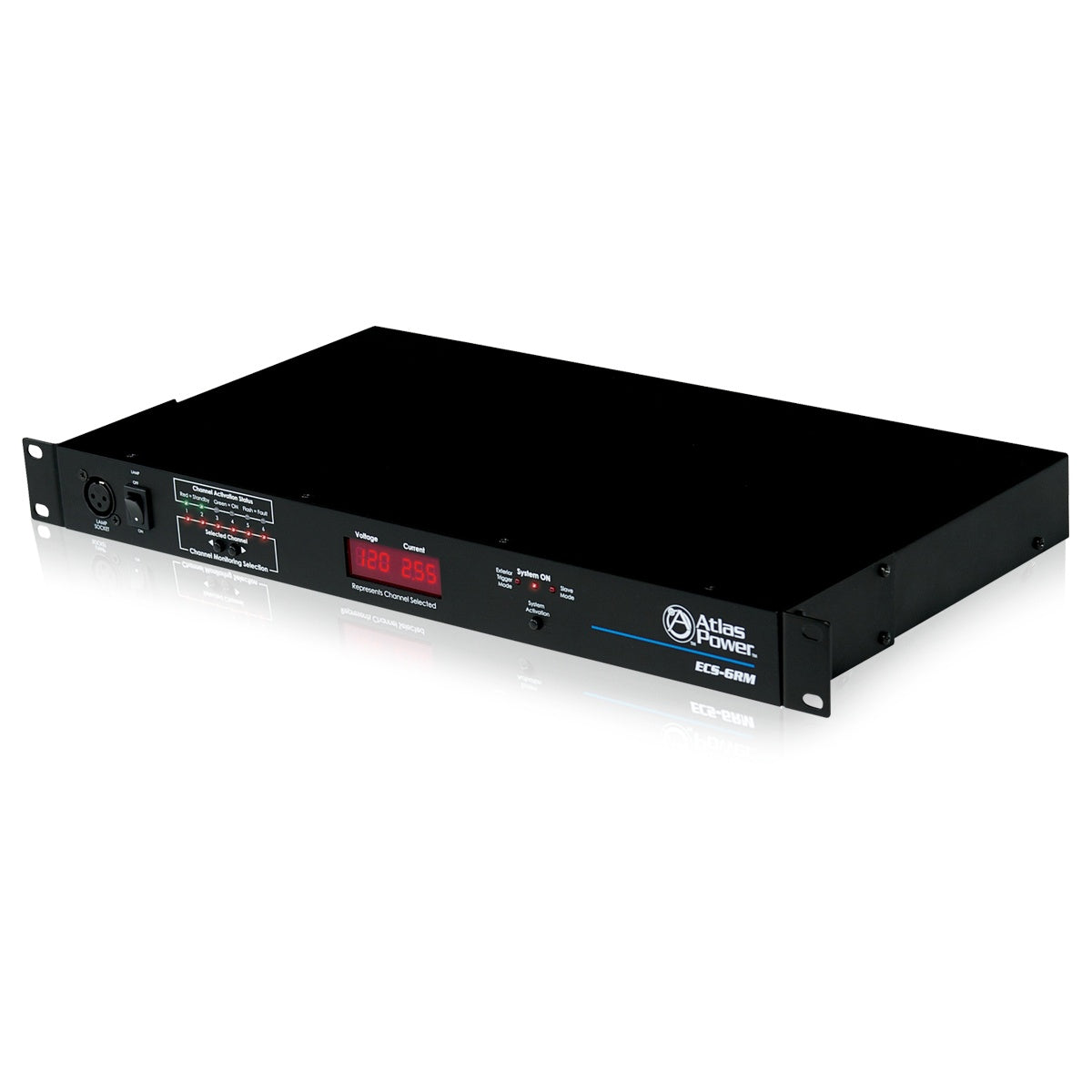 ECS-6RM 1RU AC sequence controller and monitor front panel angled view showing red voltage and current LED displays, channel status LEDs and rack ears, AtlasIED