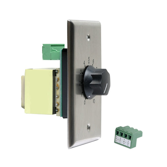 AtlasIED AT100-PA angled view showing transformer body, circuit board and green terminal block connectors