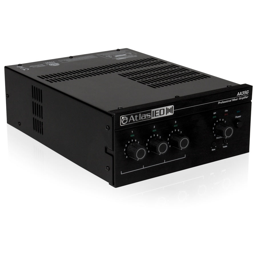 AA35G mixer amplifier angled view showing vented black steel chassis and rack ears with front control panel, AtlasIED