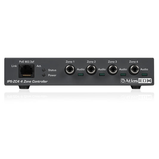 AtlasIED IPS-ZC4 front panel showing PoE RJ45 port, status LEDs, and four zone audio outputs