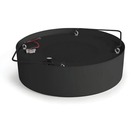 MP52B multipurpose speaker angled view showing round black back can enclosure with perforated grille, suspension eyebolts and red/black input leads, AtlasIED