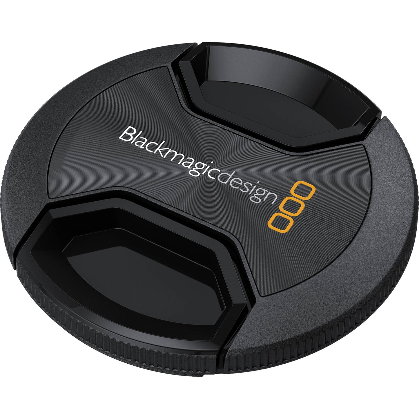 Blackmagic Design 77mm lens cap in black, angled view showing pinch tabs and ridged edge