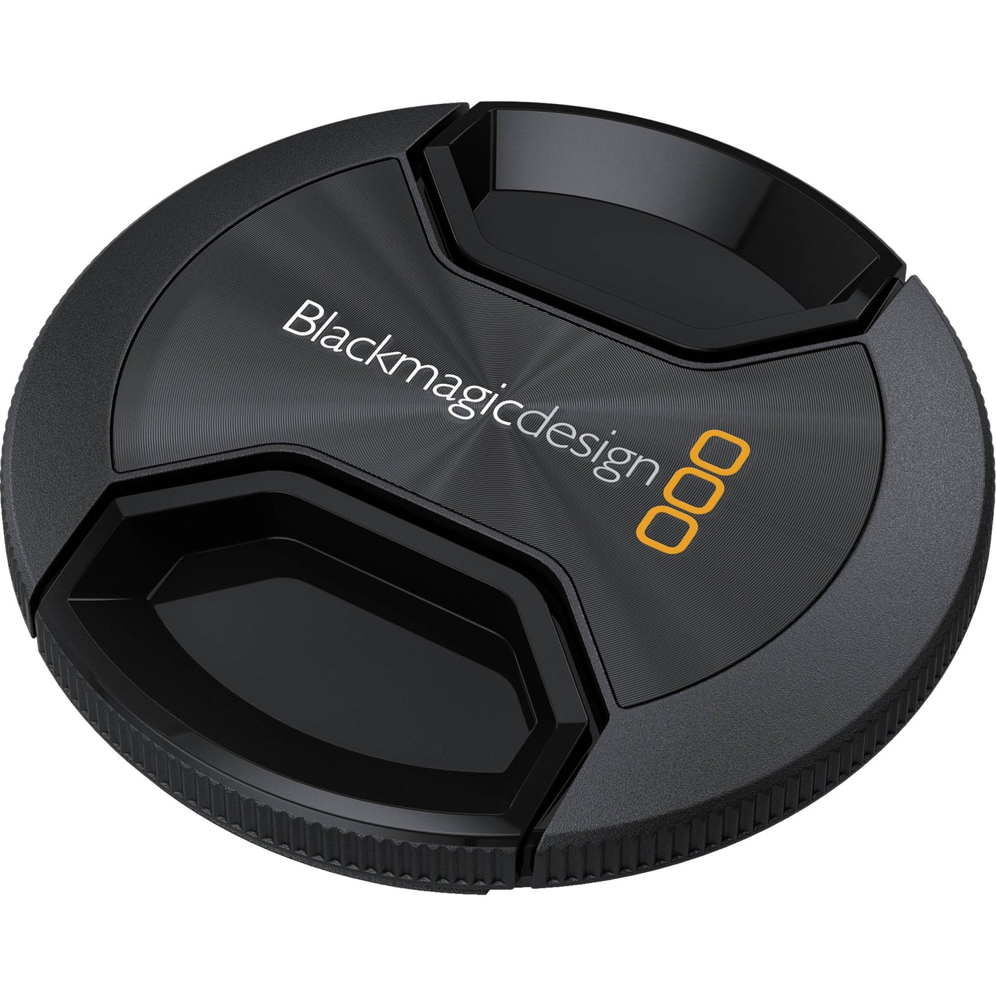 Blackmagic Design 82mm lens cap, angled view showing pinch tabs and ridged edge