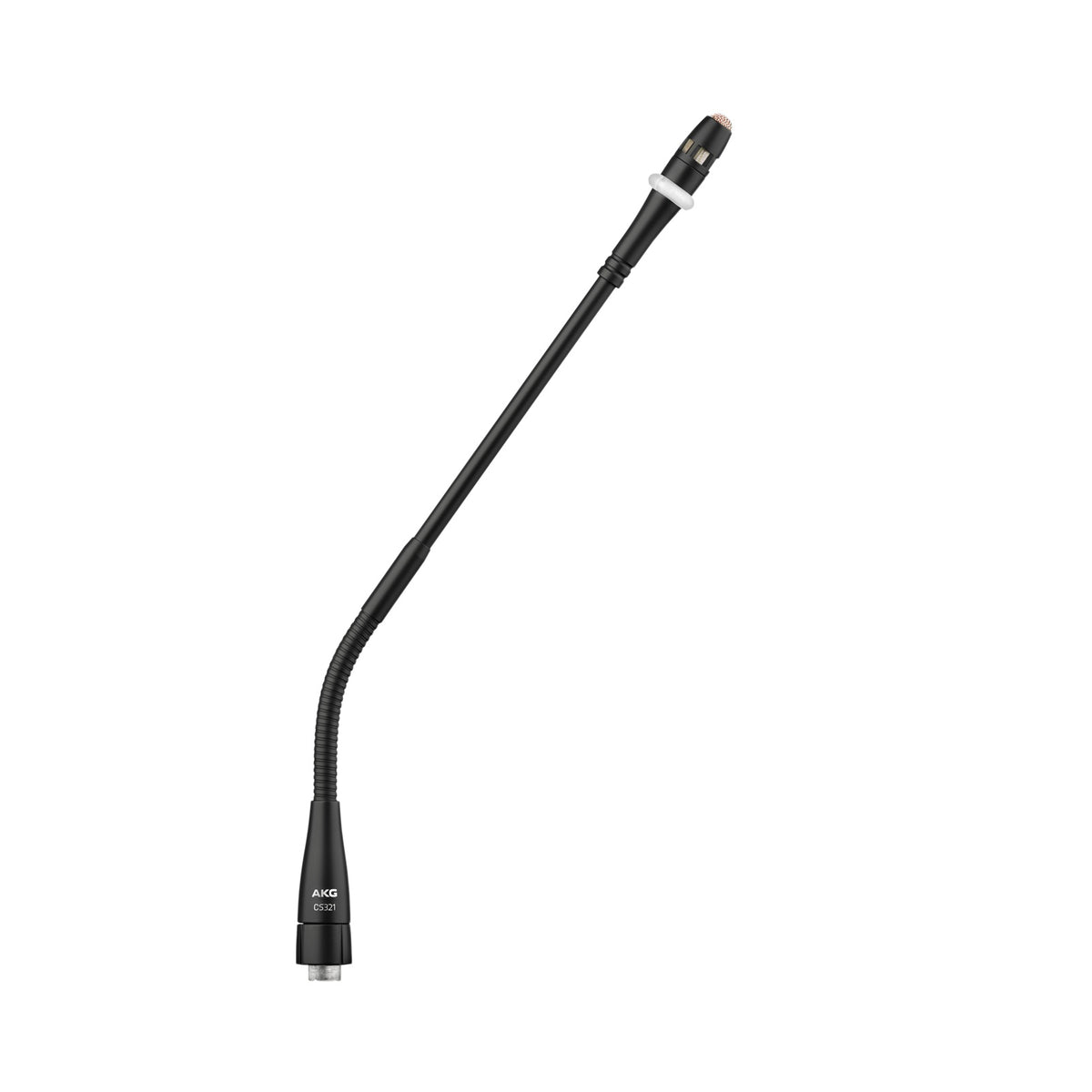 CS321 condenser gooseneck microphone left side view showing flexible neck, white LED ring and labeled base, AKG