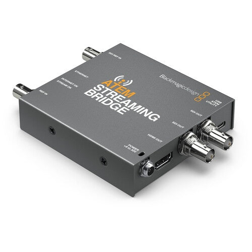 Blackmagic Design ATEM Streaming Bridge rear angle with HDMI OUT, dual SDI OUT, and power input