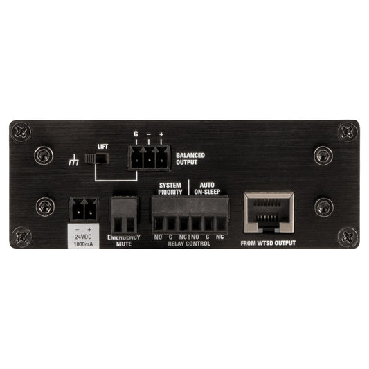 AtlasIED WTSD-PWHUB rear panel showing balanced output, relay control terminals, RJ45 jack and ground lift switch