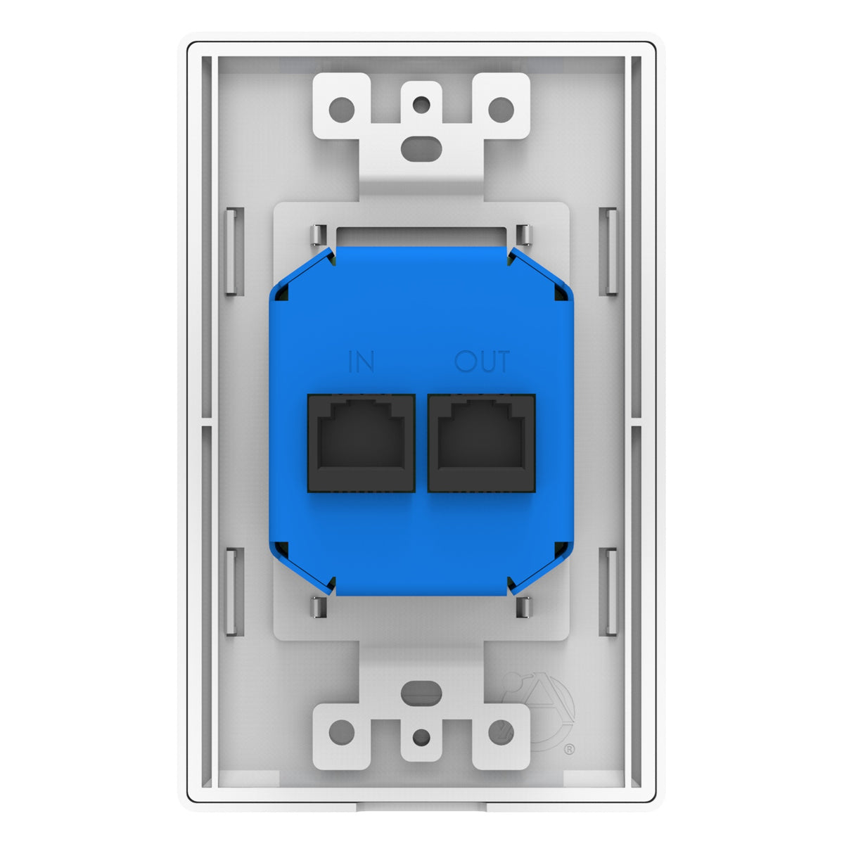 A-BT wallplate rear view showing blue terminal block with RJ45 IN and OUT control bus jacks, AtlasIED