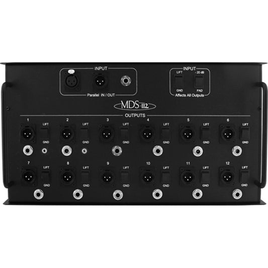 RapcoHorizon MDS-112 front panel with parallel XLR inputs, ground lift and pad switches, 12 XLR outputs