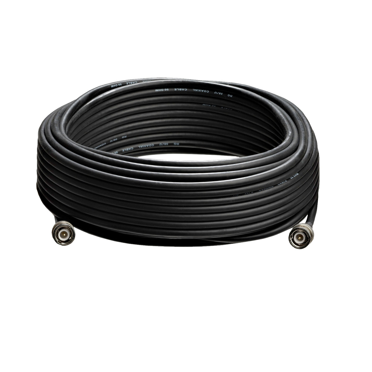 MKA 20 20m BNC antenna cable coiled with both nickel BNC connectors visible and RG 58/U 50 ohm coaxial jacket printing, AKG