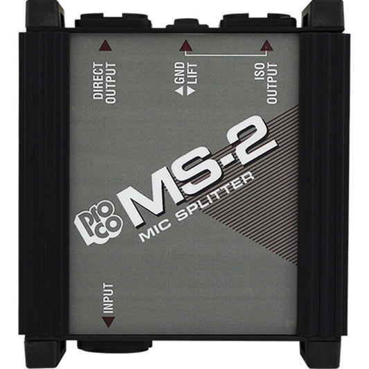 ProCo MS-2 mic splitter top panel graphics marking input, direct output, iso output, and ground lift