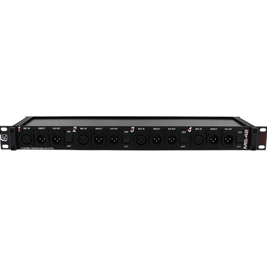 ProCo Sound MS-42 mic splitter front panel with numbered channels, MIC IN, DIRECT and ISO OUT XLR jacks