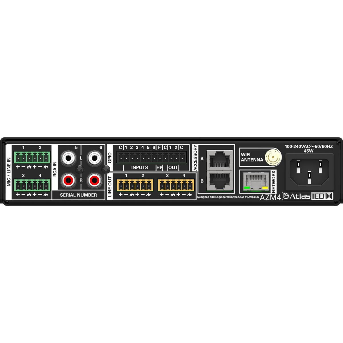 AZM4 rear panel detail with Phoenix mic/line inputs, RCA inputs, GPIO terminals, four line outputs, accessory and network RJ45 ports, and IEC power inlet, AtlasIED