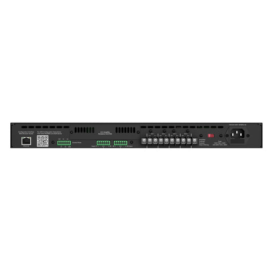 AZA404 rear panel showing Ethernet configuration port, control ports, Phoenix inputs and four-channel speaker terminals with IEC power inlet, AtlasIED