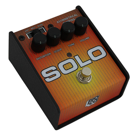 ProCo Sound SOLO stomp box at an angle showing Hot, Melt and Burn clipping switch and chassis depth