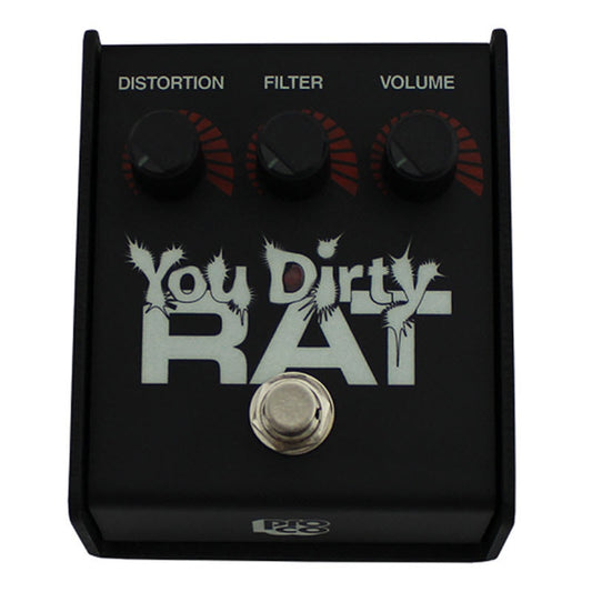 ProCo Sound YDRAT top panel with Distortion, Filter, and Volume knobs and LED indicator