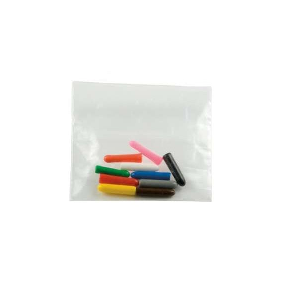 AMM end cap kit color coded transmitter antenna caps in a clear resealable bag, showing pink, black, orange, white, green, blue, red, gray, yellow and brown caps, Lectrosonics