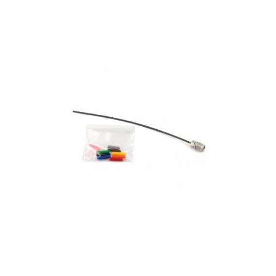 AMM-KIT antenna kit overview with black flexible antenna wire and SMA connector beside a clear bag of color-coded caps in red, green, blue, orange and gray, Lectrosonics