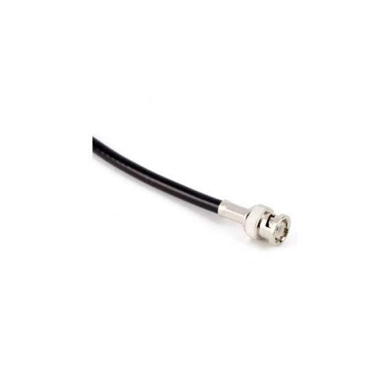 Mini coax BNC RF antenna cable 2 ft close-up of straight nickel-plated BNC male connector on black jacketed cable, Lectrosonics