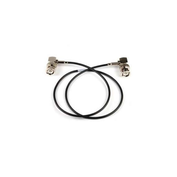 Mini coax RF antenna cable 2 ft overall view with right angle BNC connectors on both ends and black coiled cable on white background, Lectrosonics