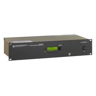 DM1624 digital matrix audio processor front angled view showing green LCD display, row of buttons, rotary knob and power switch on 2U rackmount chassis, Lectrosonics