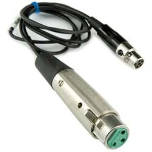 MC41 37-inch mic level cable with nickel female XLR connector with green insert and mini TA5F connector at the opposite end, coiled black cable with blue tape marker, Lectrosonics
