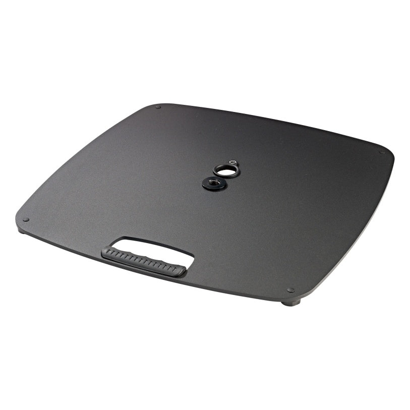 KM 26705.000.56 steel base plate angled view showing black finish, threaded center mount and molded carry handle, K&M