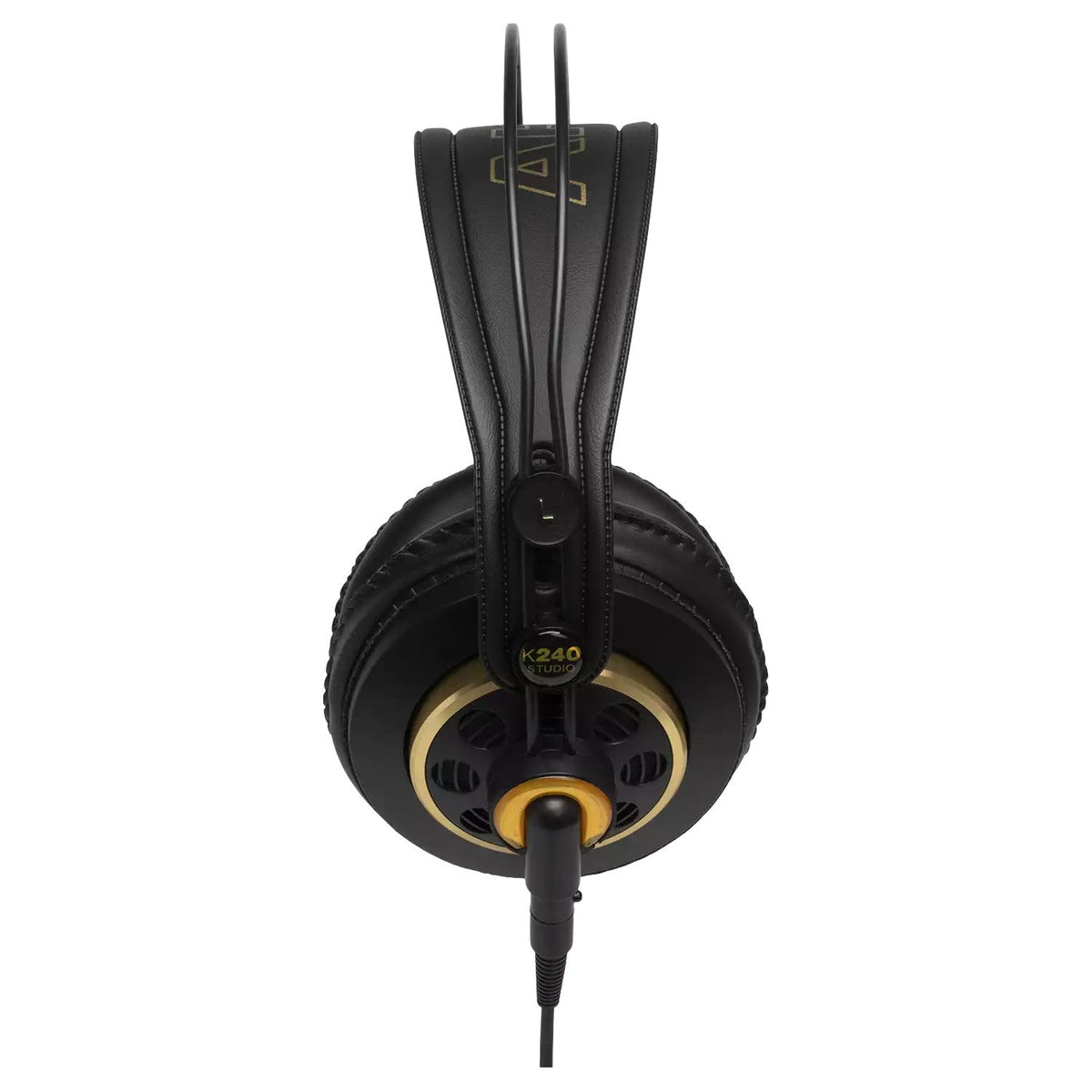 AKG K240 STUDIO semi-open studio headphones side profile showing gold vented earcup and padded headband