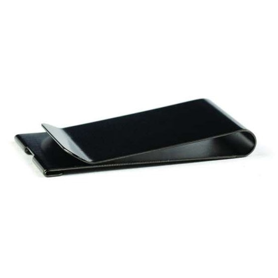 SSM transmitter replacement belt clip, angled side view showing the black folded spring-metal clip with curved bend and flared lip, Lectrosonics